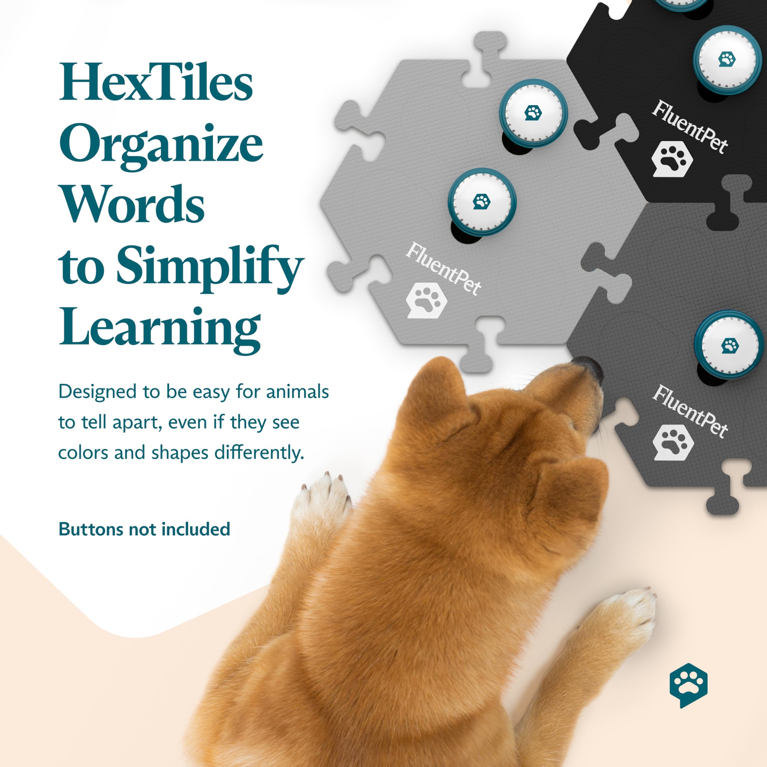 Fluentpet Hextile - White | Accessory Dog And Cat Button Learning Kits | Can Hold Up To 6 Buttons | Soft, Durable, And Non-Slip